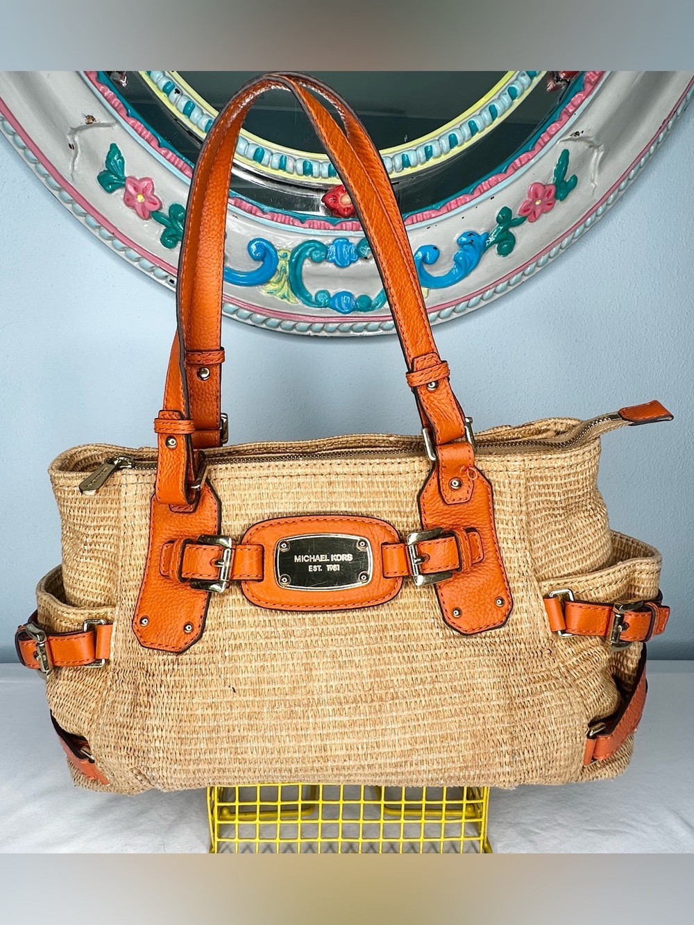 Michael Kors Gansevoort Woven Straw Satchel Trimmed in Tangerine Orange Leather